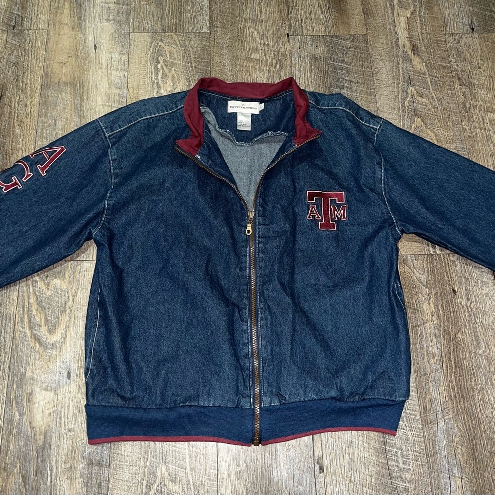 Rare Vintage Large A&M Jean Jacket 90's Castles Sports Spell Out on Sleeve Denim